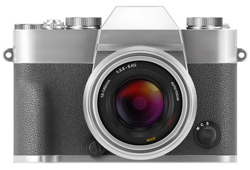 Ultra realistic 3d SLR retro style photo camera. With leather part. Front view isolated on white background. Vector illustration