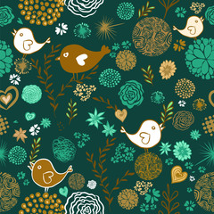 The seamless background is flowers and birds. Vector illustration