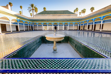 Sightseeing of Morocco. Courtyard at El Bahia Palace in Marrakech old town