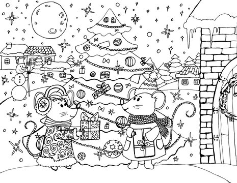 Hand drawing coloring for kids and adults. Merry Christmas and Happy New Year. Mouse. Rat, Christmas tree, decorations. One of a series of coloring pictures. 