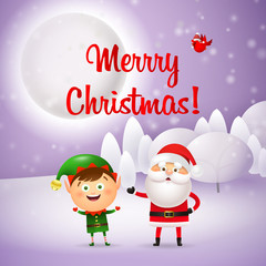 Merry Christmas card with elf and Santa
