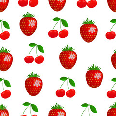 Pattern. Vector drawing of realistic, bright, juicy berries cherry and strawberry.