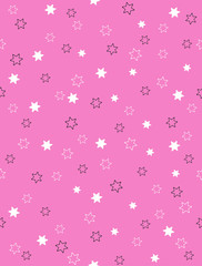 Cute Tiny Stars Vector Pattern. White and Black Stars Isolated on a Pink Background. Simple Starry Abstract Sky. Pastel Color Little Stars Print for Fabric, Wrapping Paper, Party Decoration.