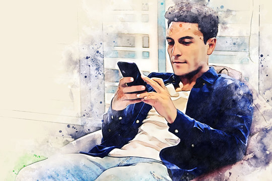Close-up business man looking mobile phone in the office on watercolor illustration painting background.