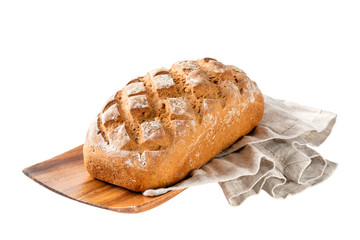 loaf of bread on wooden plate isolated on white background