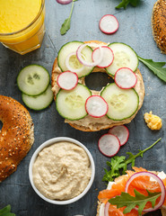 Healthy Bagels breakfast sandwich with cucumber, radish and hummus