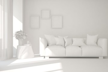 Mock up of stylish room in white color with sofa. Scandinavian interior design. 3D illustration