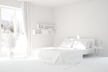 Modern bedroom in white color. Scandinavian interior design. 3D illustration