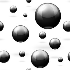 Vector 3D realistic seamless pattern with black marble balls, flying in the air, isolated on white background.