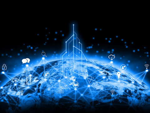 Global network and communication data exchanges over the planet Earth and transferring with technology of this image furnished by NASA. IOT Internet Of Things concept