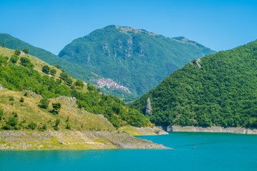 Panoramic sight in Castel di Tora with Lake Turano, beautiful village in the Province of Rieti. Lazio, Italy.