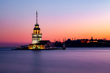 Lovely Istanbul Maiden's Tower Long Exposure Photo with Hagia Sophia and Topkapi Palace on the Background at Sunset