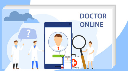 Doctor online, online patient calls the doctor via smartphone. Vector illustration of online
