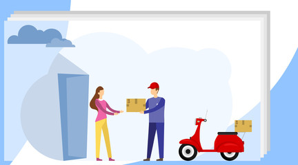 Courier Transportation of Cartoon Package on Web. Delivery service worker in uniform delivering parcel to woman. Mail Office Page Concept, Postage Package