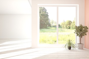 Naklejka premium Stylish empty room in white color with summer landscape in window. Scandinavian interior design. 3D illustration