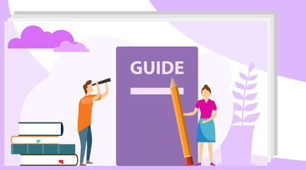 Instructions Manual Concept. User manual flat style vector concept. People, surrounded with some office stuff, are discussing content of guide book. User Information, Business