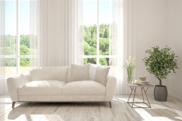 Stylish room in white color with sofa and summer landscape in window. Scandinavian interior design. 3D illustration