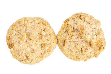 Group of two whole oat crumble biscuit flatlay isolated on white background