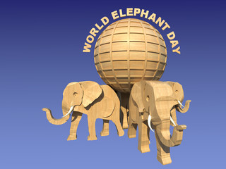 World Elephant Day support 3D illustration 3. A wooden sculpture of four elephant characters supporting the earth, perspective view, gradient background. Collection.