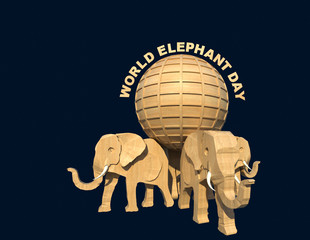 World Elephant Day support 3D illustration 2. A wooden sculpture of four elephant characters supporting the earth, perspective view, black background. Collection.
