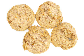 Group of four whole oat crumble biscuit flatlay isolated on white background