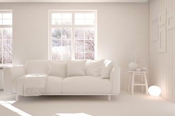 Mock up of stylish room in white color with sofa and winter landscape in window. Scandinavian interior design. 3D illustration