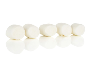 Group of five whole white sweet fluffy marshmallow in row isolated on white background