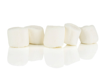 Group of five whole sweet fluffy marshmallow isolated on white background