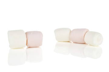 Group of five whole pink and white sweet fluffy marshmallow isolated on white background