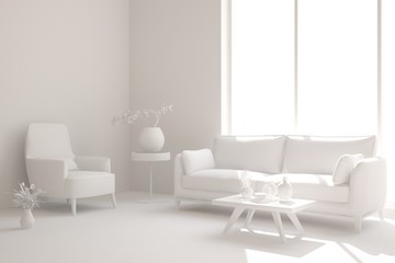 Mock up of stylish room in white color with sofa. Scandinavian interior design. 3D illustration