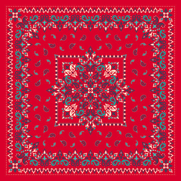 Vector ornament Bandana Print. Traditional ornamental ethnic pattern with paisley and flowers. Silk neck scarf or kerchief square pattern design style, best motive for print on fabric or papper.