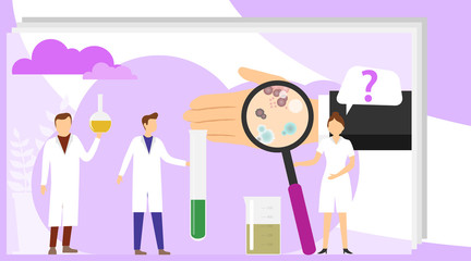 Epidemiology vector illustration. Biologists examine the human hand for the presence of bacteria. Vector illustration.Flat tiny bacteria pandemic outbreak