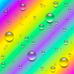 Realistic transparent water drops on rainbow background. Vector illustration