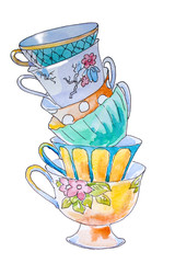 Party colorful tea cups closeup. Sketch handmade. Postcard for Valentine's Day. Watercolor illustration.