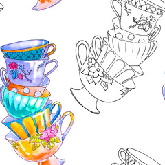 Party colorful tea cups closeup. Sketch handmade. Postcard for Valentine's Day. Watercolor illustration. Seamless pattern - 283382509
