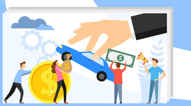 Car sale. Mini people give money for a car. Hand holds a car for sale. Vector illustration of auto sale
