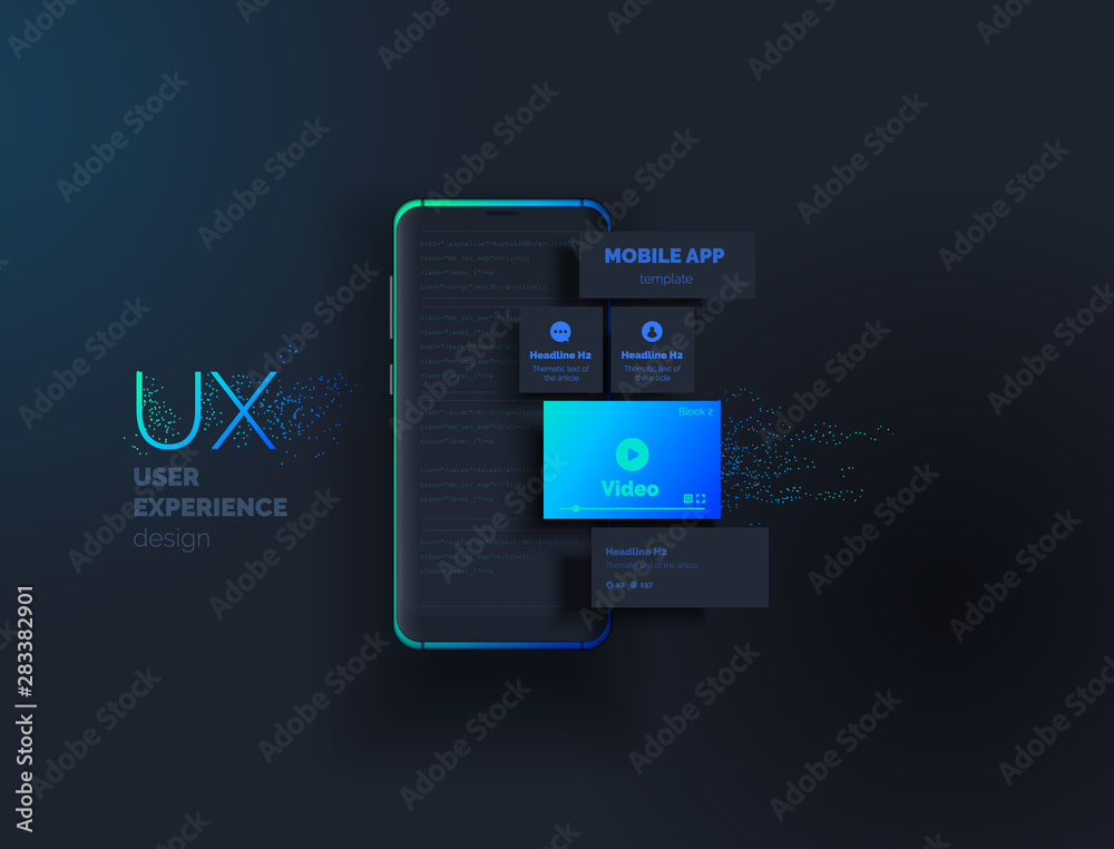 Poster Mobile apps. Creation of a mobile application. Web page created from separate blocks. User experience, user interface. Layouts of the mobile application by layers. Modern vector illustration.