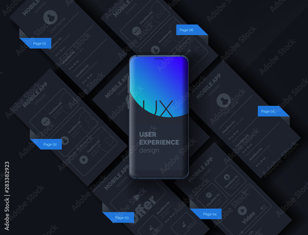 Poster mobile phone with a set of ux templates. user experience. user interface. mobile app page template. 