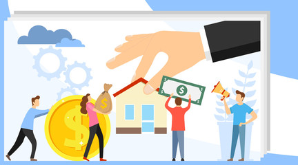 Buy real estate. Mini people buy a house for money. A real estate agent holds out a hand with a house offering to buy it. Flat vector