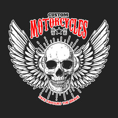 Custom motorcycles .Poster template with winged skull. Design element for poster, flyer, card, banner. Vector illustration