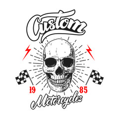 Custom motorcycles. Poster template with winged human skull. Design element for poster, logo, label, sign, badge. Vector illustration
