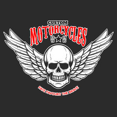 Custom motorcycles .Poster template with winged skull. Design element for poster, flyer, card, banner. Vector illustration
