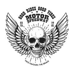 Custom motorcycles .Poster template with winged skull. Design element for poster, flyer, card, banner. Vector illustration