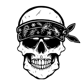 skull in bandana. Design element for poster, t shirt, card, banner. Vector illustration
