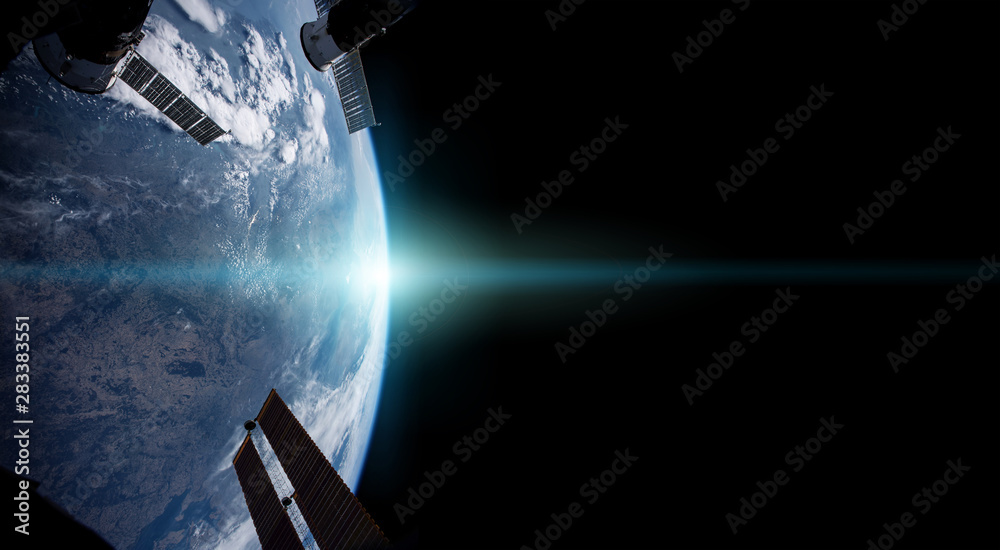 Wall mural view of planet earth from a space station window during a sunrise 3d rendering elements of this imag