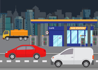Car refueling petrol at gas station vector illustration. City building skyline in the background with modern cars on road and gas station.