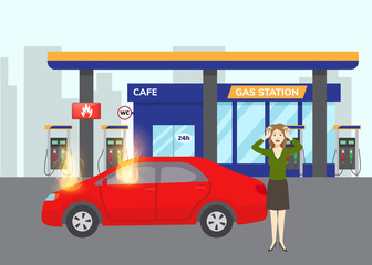Gas inflaming car on gas filling station with fuel symbol and scared girl flat vector illustration. Flames on car refilling fuel or benzine. Inflamed red auto.