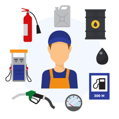Gas station flat color icons set of canister with petrol, tanker gun, column with pump and worker man isolated vector illustration. Gas station infographic.