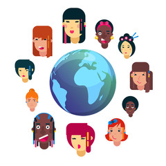 Girls all nationalities emotion faces cartoon vector illustration. Woman emoji face icons and symbols. Girls emoji different nations faces around earth globe.