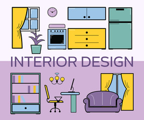 Interior design room flat style set vector illustration. Living room with furniture. Lilac interior design room. Shelfs with books, sofa, computer table and living room with kitchen.